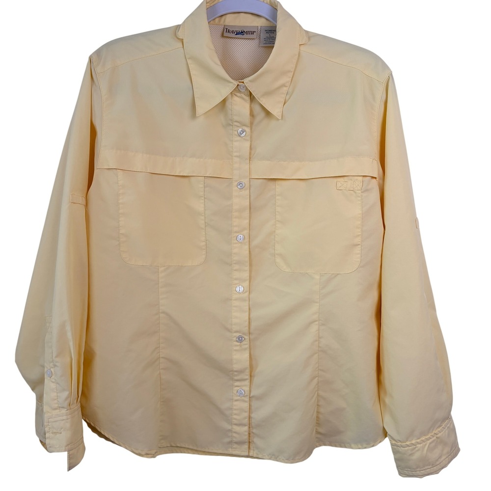 TravelSmith Button Up Shirt Large Petite Yellow Vented Hiking Travel 6923